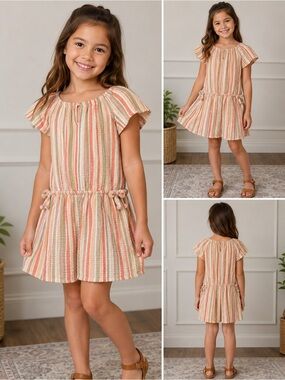 Striped Peach & Cream Tie-Waist Girls' Summer Dress